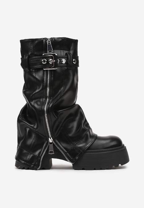 Czarne Rockowe Botki na Platformie z Ozdobnym Paskiem Suwakiem i Wywiniętą Cholewką Merine