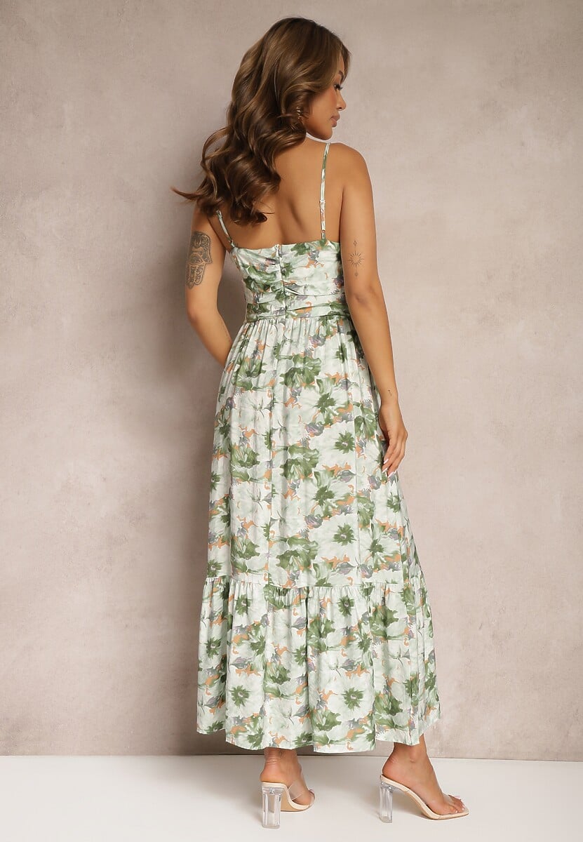 Jasnozielona Rozkloszowana Sukienka na Ramiączkach z Rozcięciami Ozdobiona Guzikami Dimline