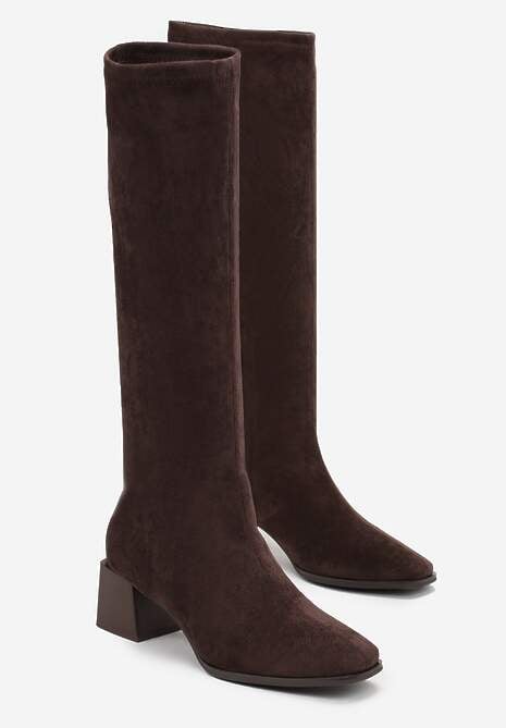 Brązowe Kozaki na Słupku z Imitacji Zamszu Haziela