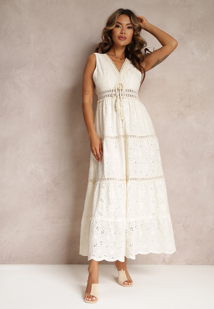 Beżowa Bawełniana Sukienka Maxi z Haftowanej Tkaniny Jive