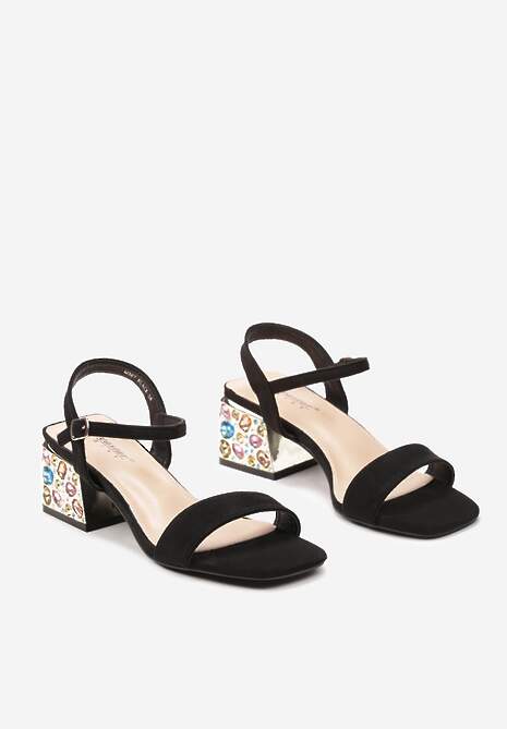 Czarne Eleganckie Sandały z Ekozamszu na Słupku z Kolorowymi Kryształkami Sigatre