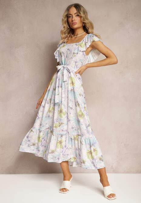 Jasnofioletowa Kwiecista Sukienka z Wiskozy z Falbanką na Ramiączkach z Materiałowym Paskiem Nuclemia