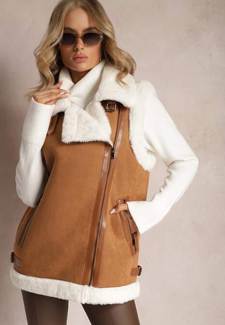 Brązowa Kamizelka Bezrękawnik z Asymetrycznym Zapięciem i Futerkiem Sadarra