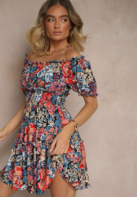 Niebiesko-Czarna Rozkloszowana Sukienka Mini z Gumkami w Pasie i Krótkimi Rękawami z Wiskozy Merrelle