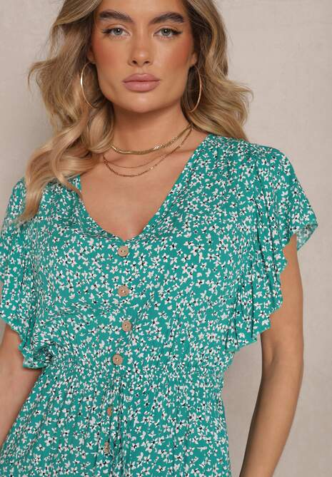 Zielona Rozkloszowana Sukienka z Bawełny z Gumką w Pasie w Drobne Kwiaty Pulinea