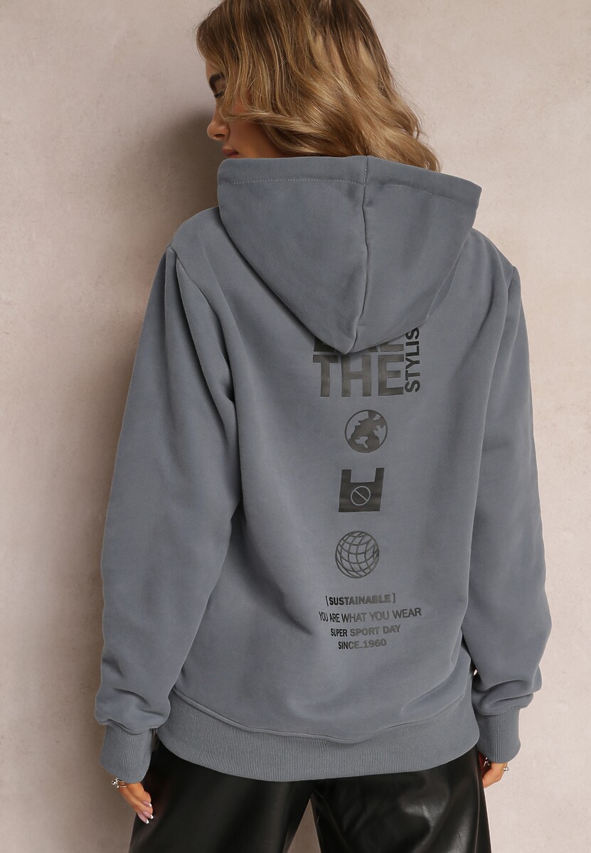 Granatowo-Szara Bluza z Nadrukiem na Tyle i Kapturem oraz Kieszonką Stelletta