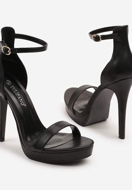 Czarne Sandały na Szpilce i Platformie z Paskiem Wokół Kostki Napelle