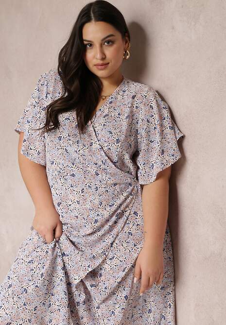 Jasnofioletowa Sukienka o Kopertowym Kroju Midi w Kwiatowy Wzór Kirpa