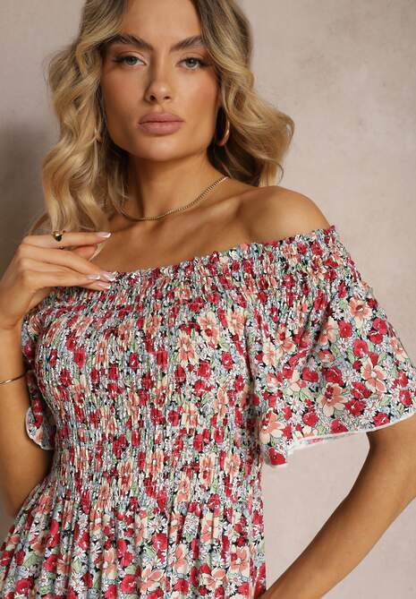 Czerwono-Zielona Kwiecista Sukienka Hiszpanka z Wiskozy z Marszczonym Dekoltem Rasemia