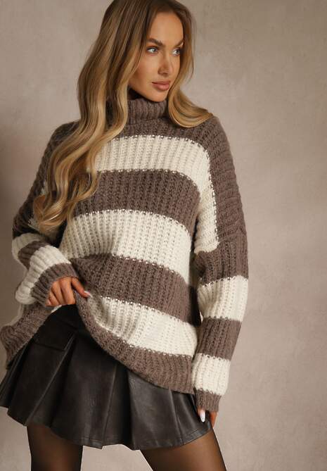 Brązowy Golf z Wiskozą i Wełną Ozdobiony Motywem Pasków Monorra