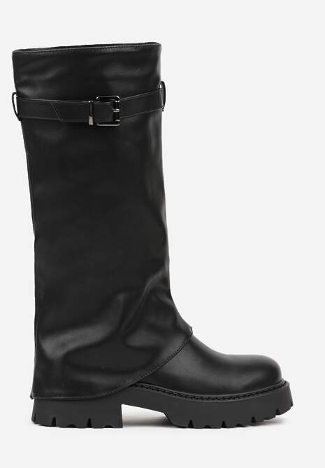 Czarne Kozaki VICES z Marszczoną Cholewką Imitującą Nogawkę ze Sprzączką Valles