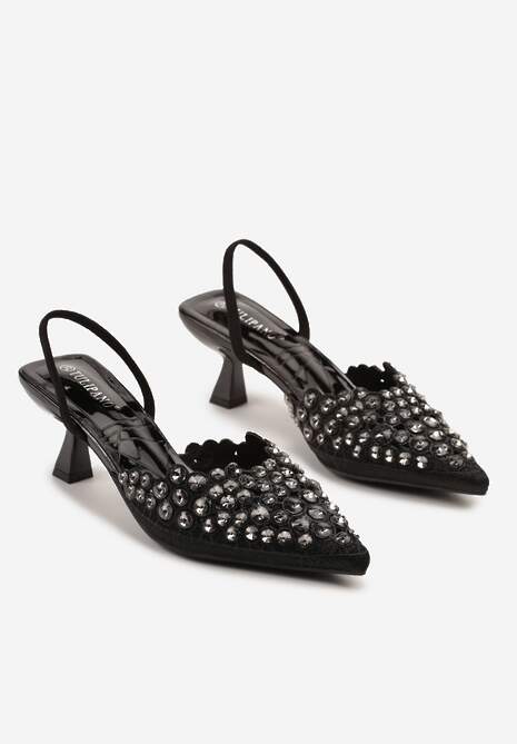 Czarne Sandały z Kryształkami na Obcasie Kaczuszka Lenavia