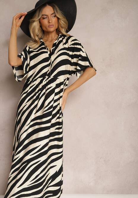 Czarno-Biała Sukienka Koszulowa z Rękawami Typu Nietoperz i Guzikami Cesolla