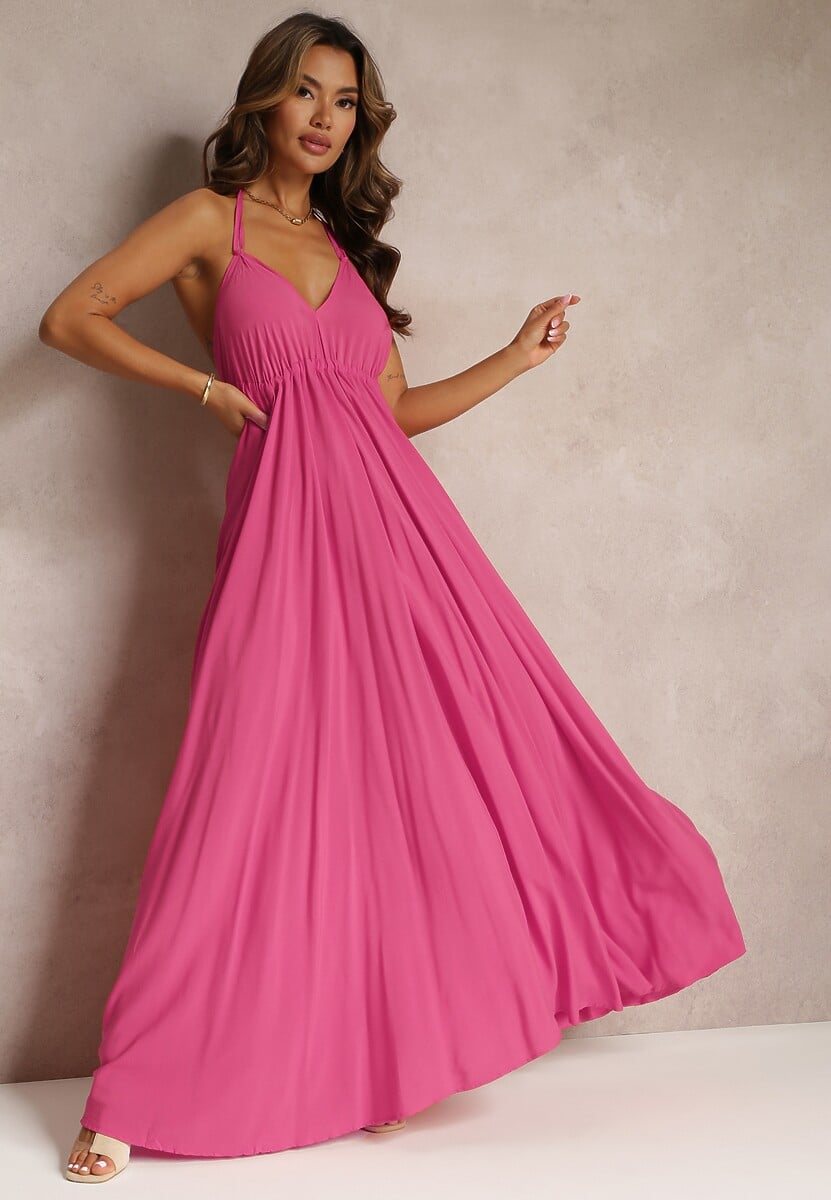 Ciemnobeżowa Rozkloszowana Sukienka Bawełniana z Wiązaniem na Szyi Panethea