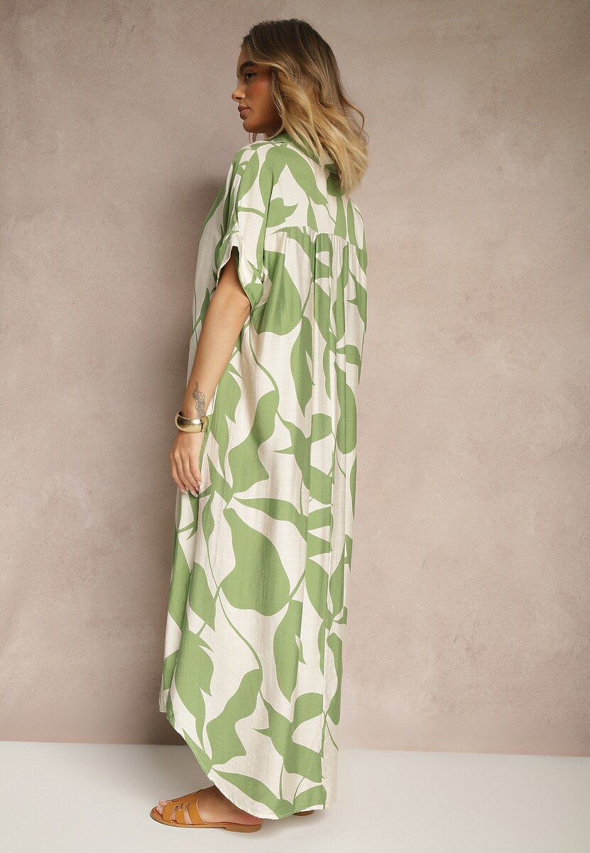 Jasnozielona Rozkloszowana Sukienka w Abstrakcyjny Wzór z Bawełną Telianiela