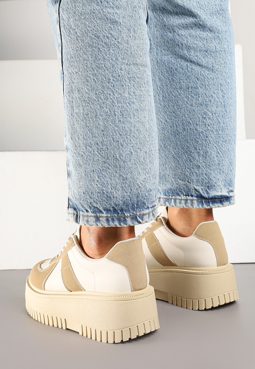 Ciemnobeżowe Sneakersy na Platformie Ozdobione Paskiem Vivesse