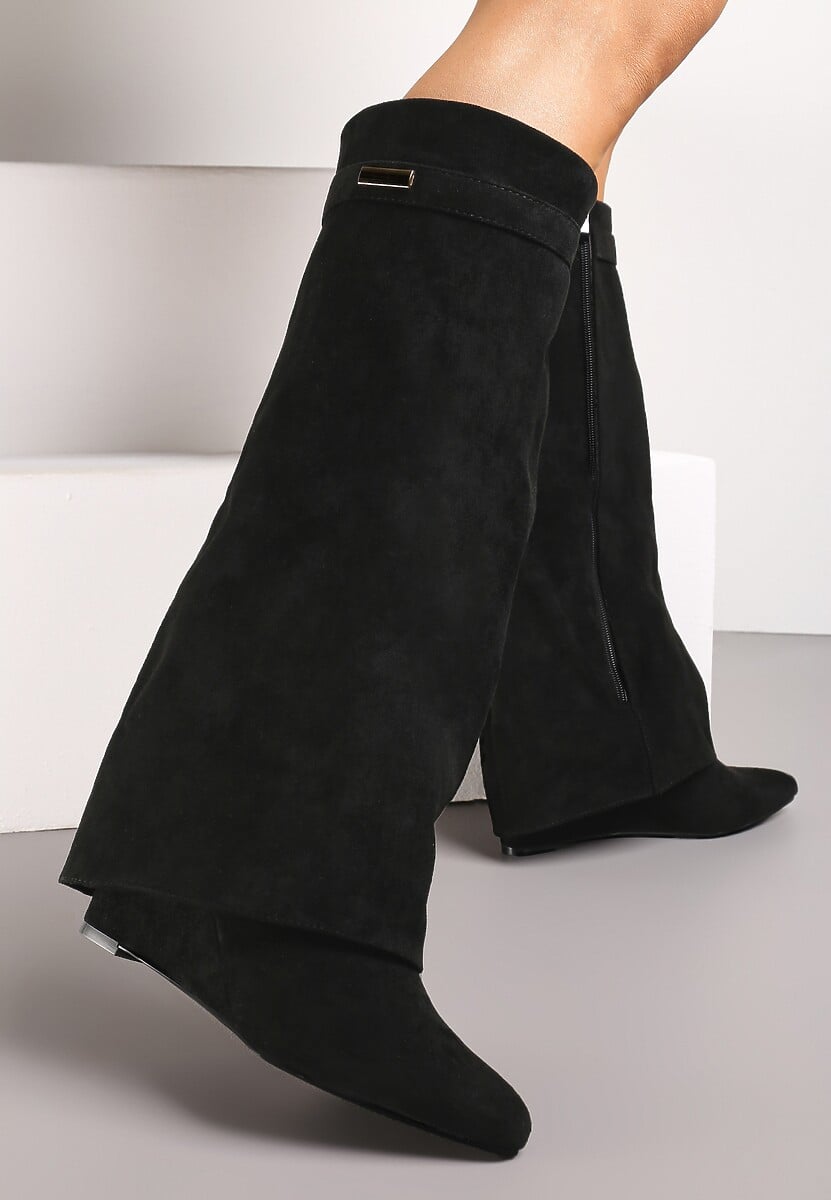 Ciemnobeżowe Kozaki z Wywiniętą Cholewką na Koturnie Turade