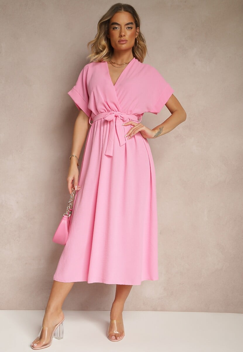 Różowa Rozkloszowana Sukienka z Gumką w Talii i Wiązaniem Sepenira