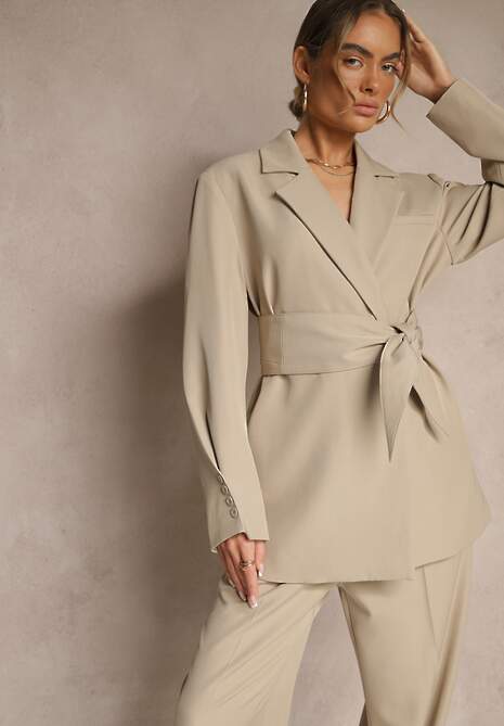 Beżowa Dwurzędowa Marynarka z Geometrycznym Wiązanym Paskiem Lanniva