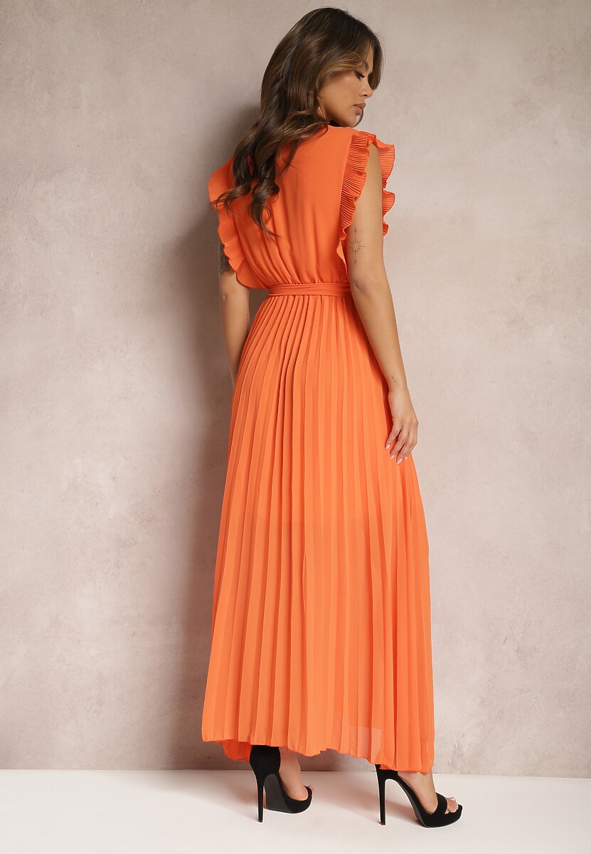 Pomarańczowa Wiskozowa Sukienka Maxi z Plisowaniem o Rozkloszowanym Kroju i Kopertowym Dekolcie Fliceris