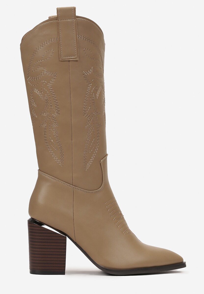 Ciemnobeżowe Kozaki na Obcasie w Stylu Kowbojek z Przeszyciami Puneia