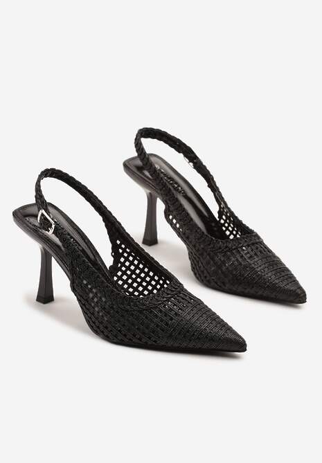 Czarne Sandały na Szpilce Typu Slingback Ozdobione Plecionką Meranoria