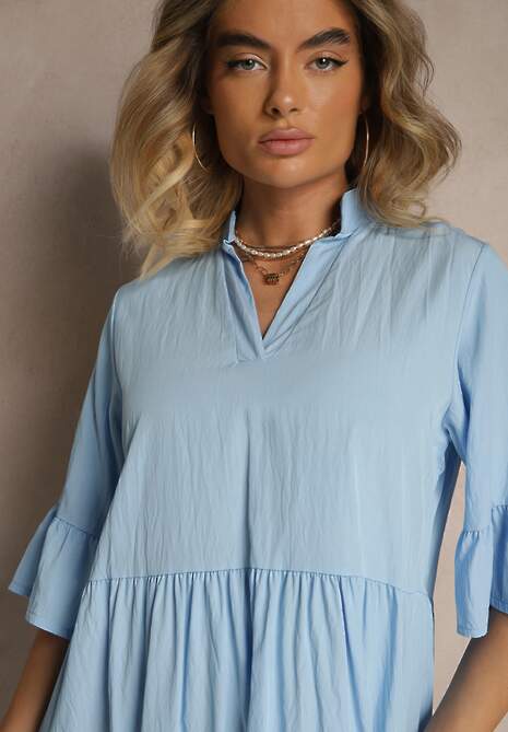 Jasnoniebieska Rozkloszowana Sukienka z Wiskozą i Falbanami Eviranna