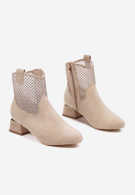 Beżowe Botki na Słupku Vices Ozdobione Siateczką na Cholewce Deovenna