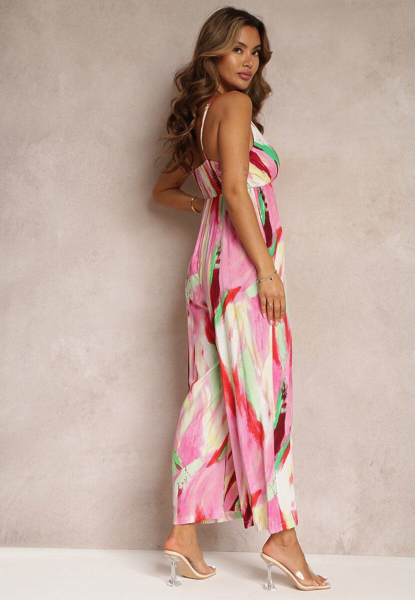 Czerwony Długi Kombinezon na Ramiączkach z Gumką w Pasie Maeville