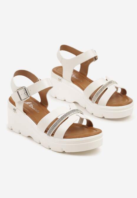 Białe Sandały na Koturnie z Paseczkiem z Cyrkoniami Lisindra