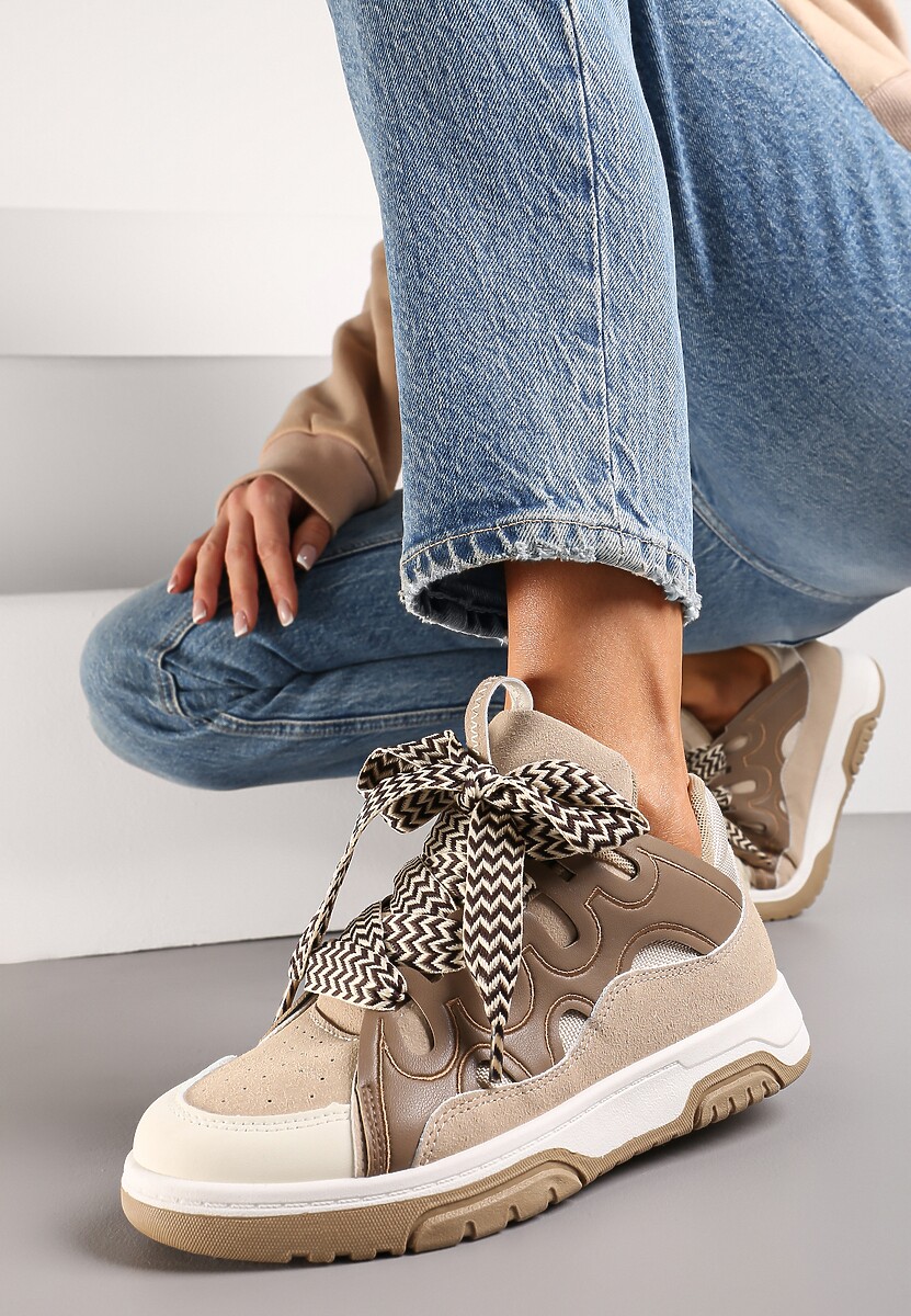 Ciemnobeżowe Sneakersy z Szerokimi Sznurówkami Nolita