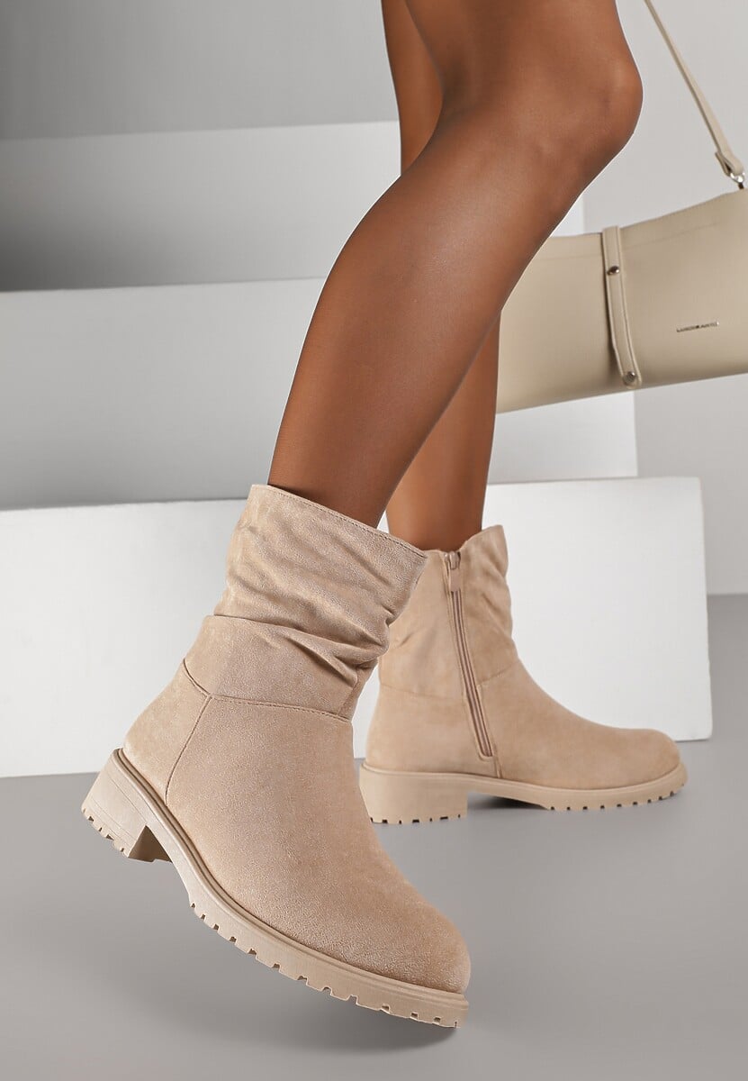 Ciemnobeżowe Botki z Imitacji Zamszu z Marszczoną Cholewką do Kostki Ilora