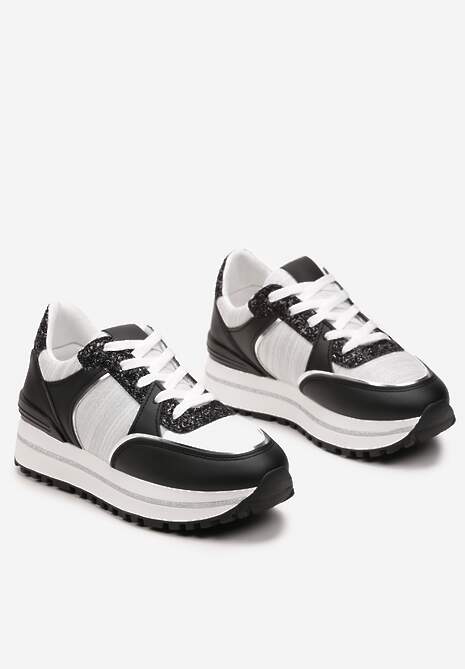 Czarno-Białe Sneakersy na Platformie ze Wstawkami z Brokatu Ovilia