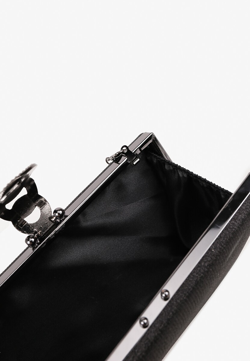 Czarna Brokatowa Torebka Kopertówka z Cyrkoniami i Biżuteryjną Ozdobą Avlelia