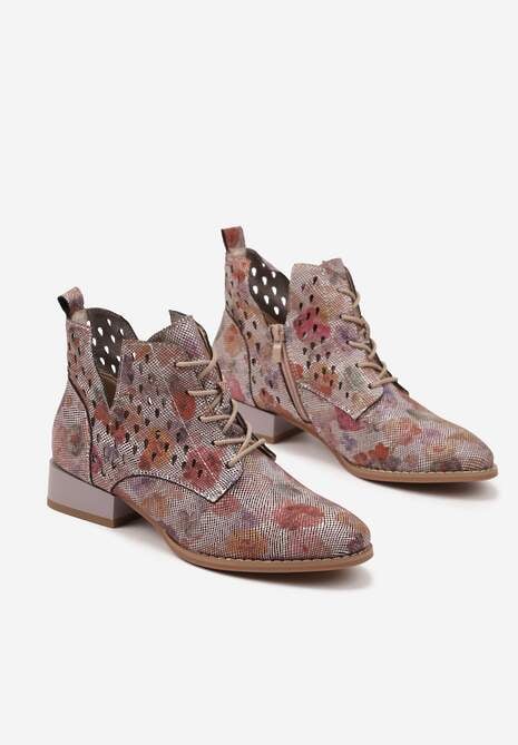 Szaro-Czerwone Botki ze Skórzaną Wkładką i Ażurowym Wzorem Nantiela