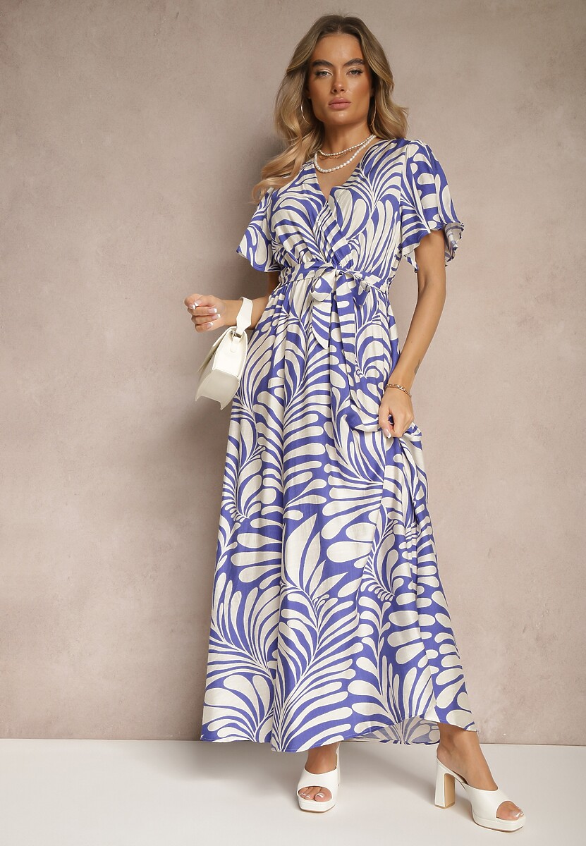 Niebieska Kopertowa Sukienka z Wiskozy Zdobiona Printem z Motywem Roślinnym Dinea