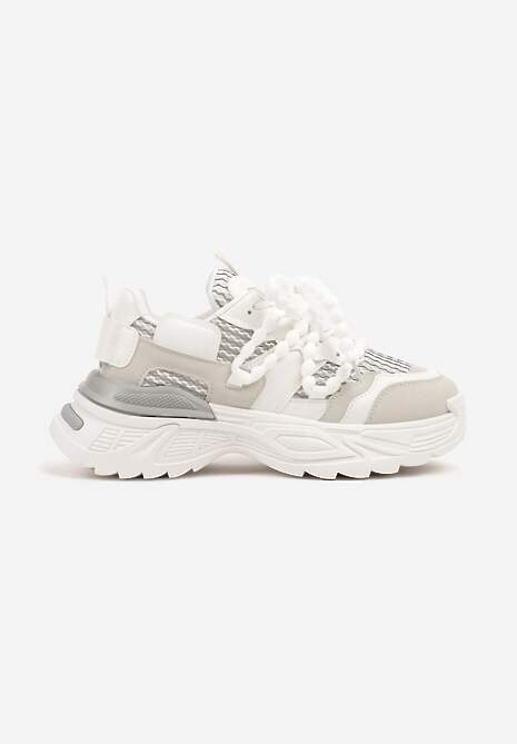 Białe Sneakersy na Platformie Ozdobione Koralikami i Tłoczeniem Dorvia