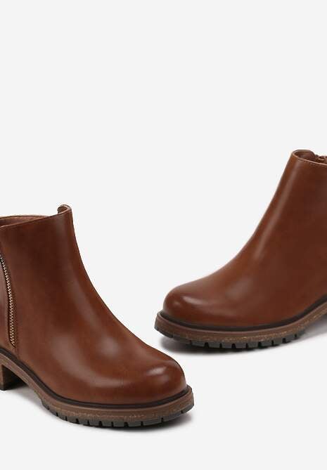 Brązowe Botki z Dekoracyjnym Suwakiem Mikacina