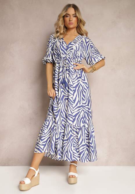 Granatowo-Biała Sukienka z Wiskozy i Bawełny Ozdobiona Falbaną i Sznurkiem w Pasie Vantia