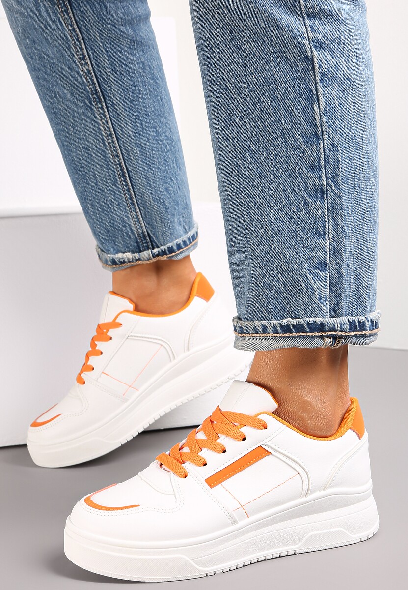 Biało-Pomarańczowe Sznurowane Sneakersy na Grubej Podeszwie Cesohenn