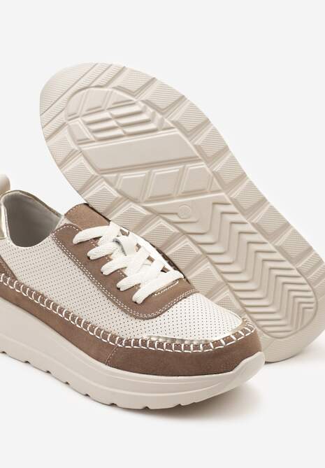 Beżowo-Brązowe Sneakersy Skórzane Ozdobione Metalicznymi Wstawkami i Przeszyciami Renosa