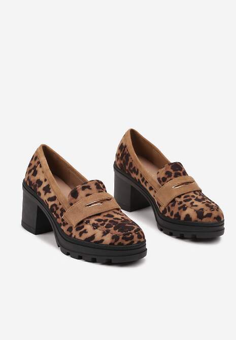 Brązowe Półbuty Mokasyny na Słupku Stylizowanym na Drewniany Ozdobiony Paskiem Vericela