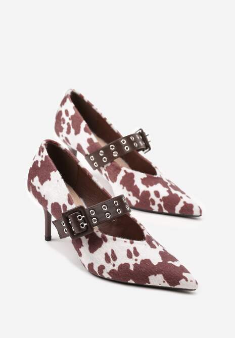 Brązowe Czółenka Vices w Krowie Łaty na Szpilce z Wkładką ze Skóry Naturalnej z Klamrą Nalisette Viralowe