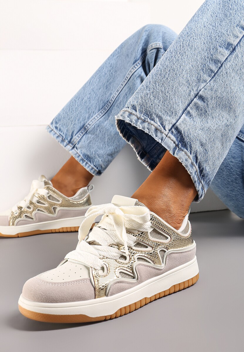 Złote Sneakersy z Metalicznym Błyskiem i Podwójnym Sznurowaniem Piniara