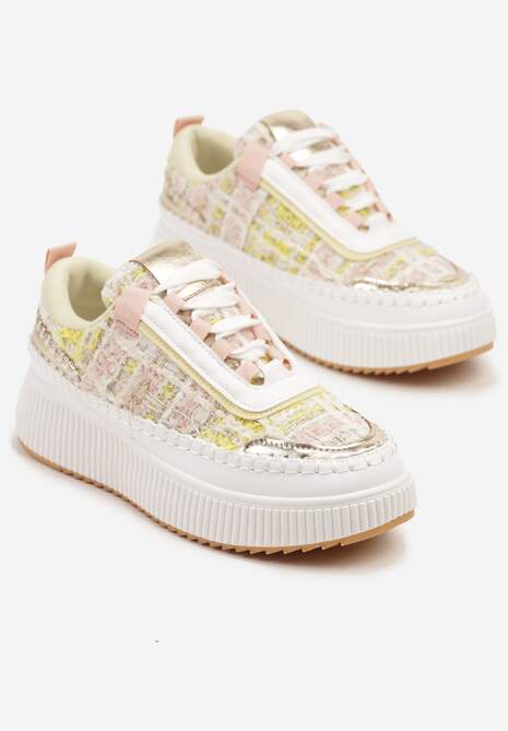 Biało-Różowe Sneakersy z Tweedowymi Zdobieniami i Przeszyciami na Platformie Ulandrelia
