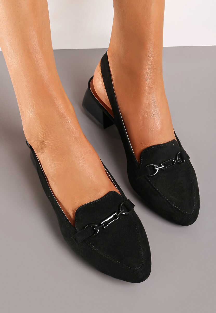 Czarne Czółenka na Niewysokim Słupku bez Pięty Ozdobione Metalową Sprzączką Zapinane Wokół Kostki Povissia