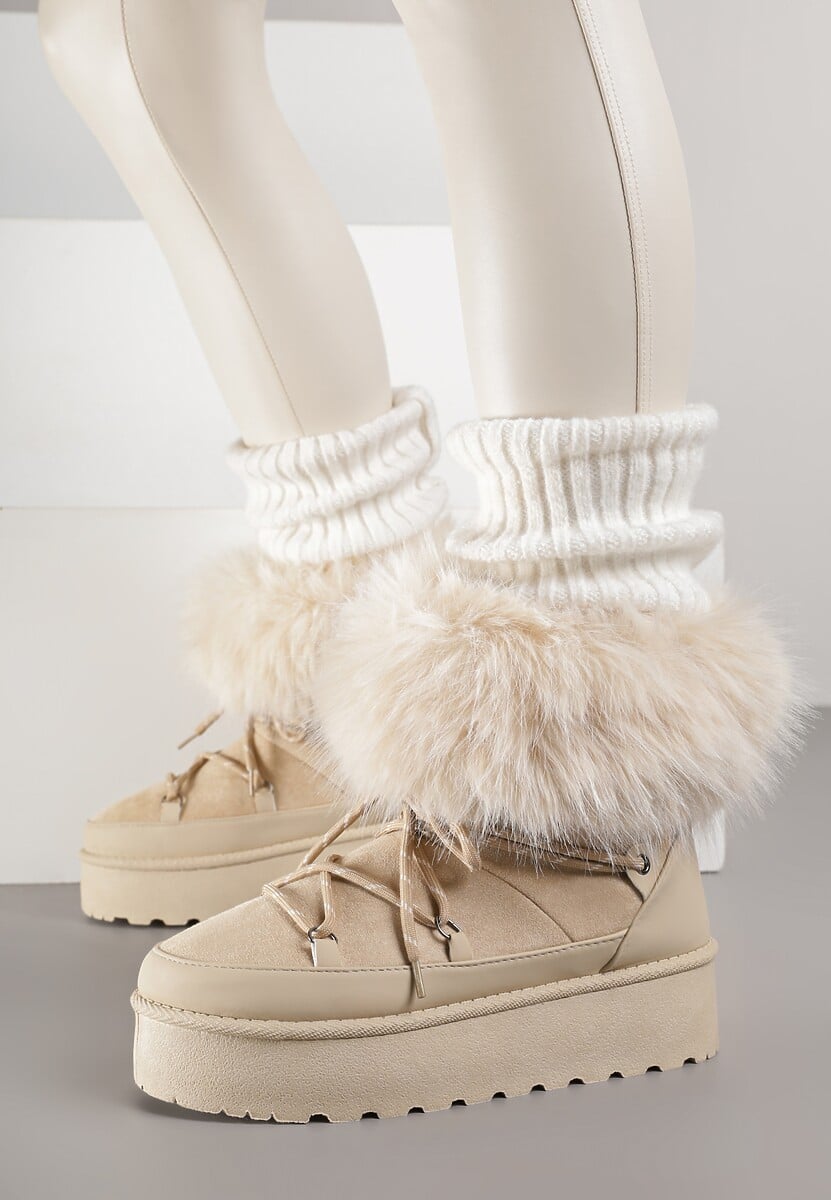 Beżowe Śniegowce na Platformie Ozdobione Futerkiem Teswena