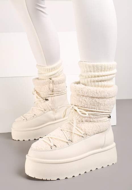 Beżowe Sznurowane Śniegowce Vices na Platformie z Futerkiem Ravorelle