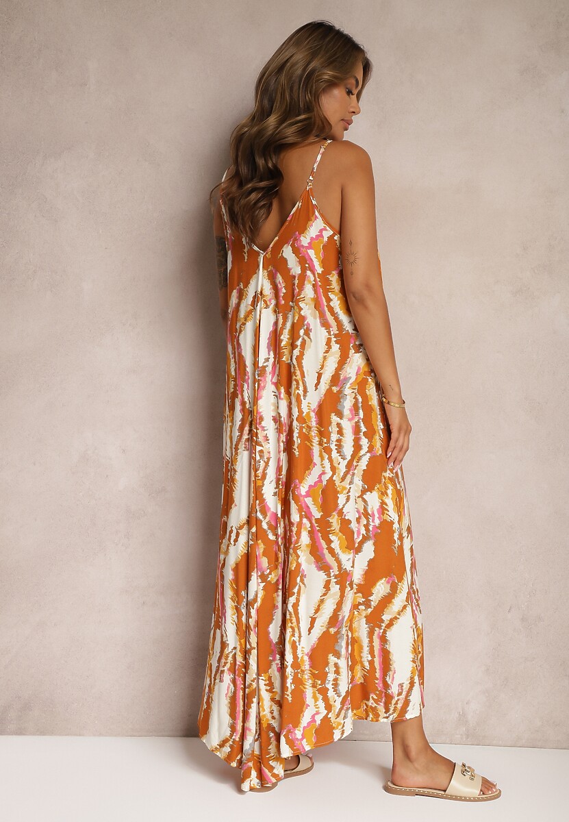 Brązowa Wiskozowa Sukienka o Rozkloszowanym Kroju na Ramiączkach Risaletti