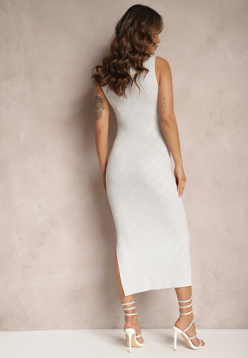 Biała Sukienka z Błyszczącym Wzorem w Romby o Fasonie Bodycon Bez Rękawów Matella